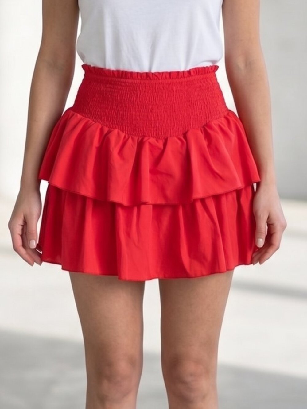 NWT | Cherry Red Tiered Ruffle Skort Smocked Waist Active Shorts | Medium